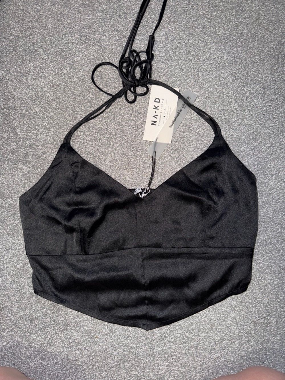 NA-KD Black Satin Halter Crop Top